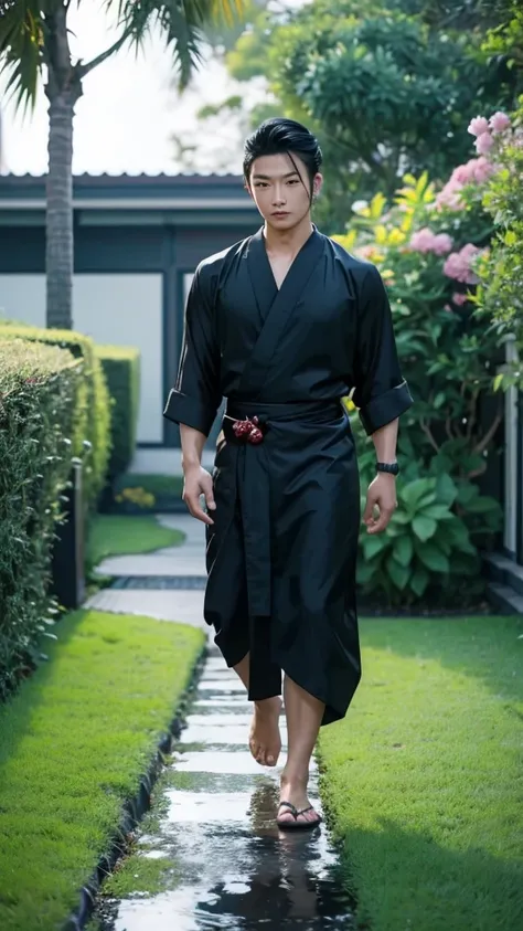 Fullbody, photography of asian young handsom men, sixteen, ponytail hairstyle, yakuza, wearing traditional clot, with simpel sarong, blue-black color, walking front on the flowers yard, artist, best render, after rain, dynamic, bokeh, smooth