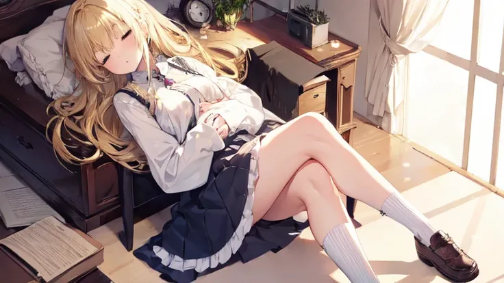 super high quality, Super detailed, one person, long blonde hair, sleep, Clothes with intricate details, skirt, tube socks