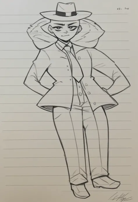 drawing of a woman in a hat and tie with a jacket and tie, girl in suit, girl in a suit, full body character drawing, full body drawing, clear outfit design, mid body portrait, hand on hips, tall female emo art student, full body portrait of a short!, char...