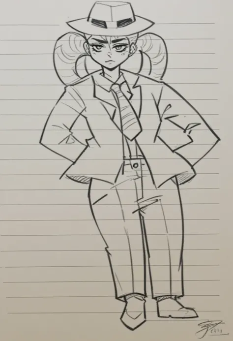 drawing of a woman in a hat and tie with a jacket and tie, girl in suit, girl in a suit, full body character drawing, full body drawing, clear outfit design, mid body portrait, hand on hips, tall female emo art student, full body portrait of a short!, char...