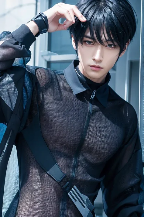 Anime character, artist, mysterious, black hair, blue mesh, bangs, cool and beautiful men