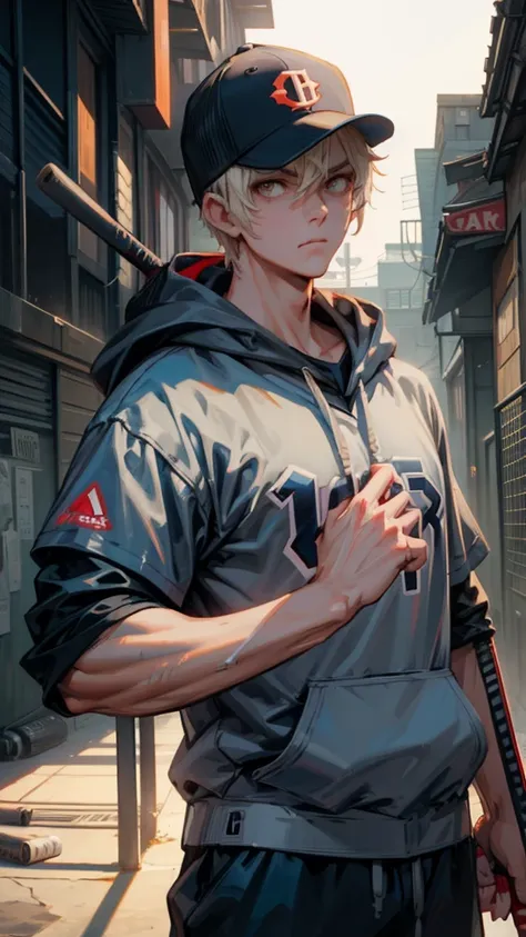 Holding a baseball bat, Alley, Condescending Gaze, builtupnecklinehoodie, look down, Glare, baseball bat, swing a baseball bat, cinematic lighting, UHD, best quality, highres, 8k