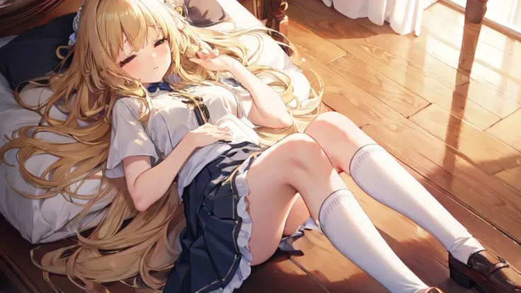 super high quality, Super detailed, one person, long blonde hair, sleep, Clothes with intricate details, skirt, tube socks