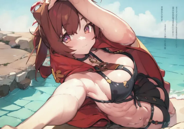 1.5),(girl),(Dynamic pose),Brown Hair,(Vermilion eyes),(first round),Big Breasts,Swimwear