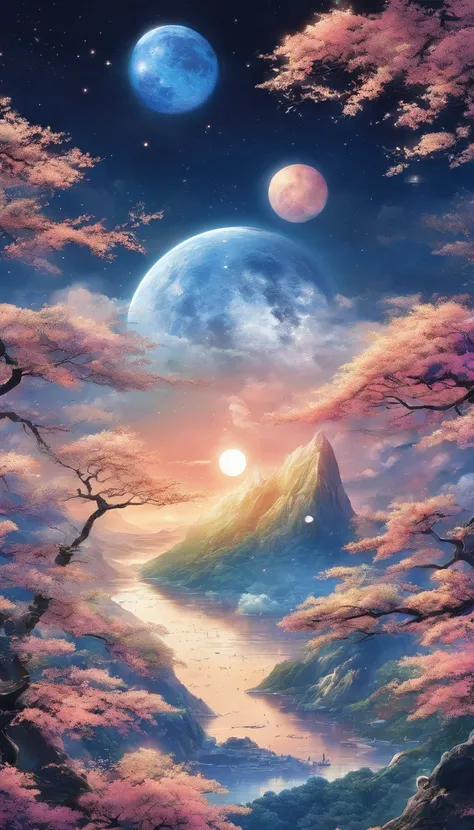 Super ultra Quality,Greatest detail,Masterpiece,ultra high resolution,ultra realistic 8k cg,Ultra Masterpiece,high end resolution,Imagenarium,amazing,dreamlike art,lanscape surround blue cosmos resonate the moon, a fantasy world with a wide stunning views