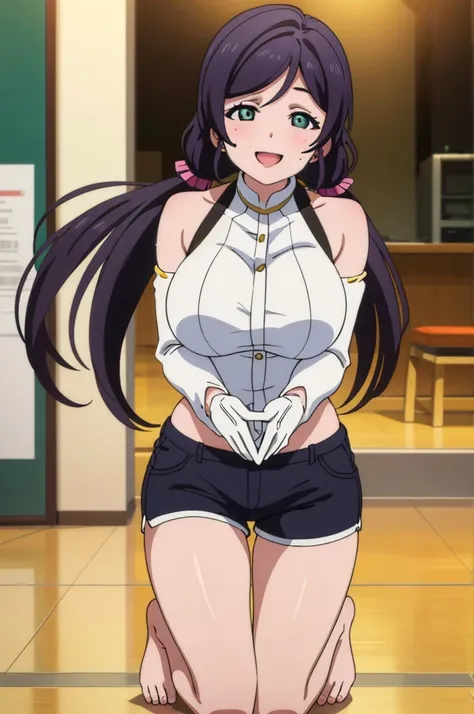 (masterpiece, Highest quality), One girl, Nozomi Tojo,Nozomi,Huge breasts,sexy ,,sweating,No sleeve,The audience watching,smile,,,barefoot,high-waisted shorts,Thigh Gap,Black gloves,Ecstasy face,Close one eye