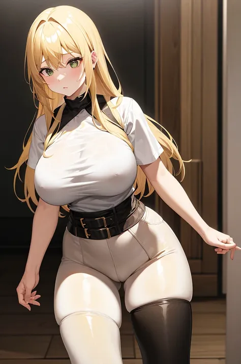 A girl with big tits, yellow hair, tight white leggings, and a black shirt