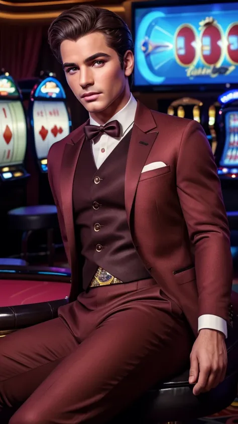 (best quality, 4K, masterpiece :1.3), masculin man, 1 men, dark brown hair: 1.1, Full Body ( Super detailed face, Detailed lips, delicate eyes, double eyelids, Wearing casino uniform
