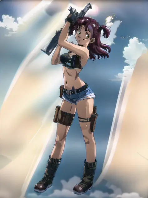 1girl, solo, gun, weapon, shorts, swimsuit, bulma, holster, boots, bikini, red hair, gloves, breasts, one side up, bikini top only, shorts, thigh holster, shorts, short shorts, cleavage, navel, medium breasts, handgun, full body, long hair, midriff, belt, ...