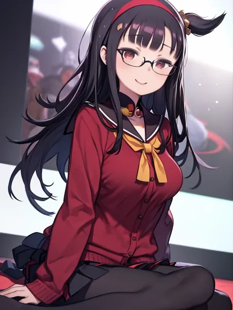 One Woman、Persona、Yukiko Amagi、Amagi Yukiko、Long Hair、Black Hair、Red Hairband、Glasses、Red cardigan、Black sailor collar、Yellow scarf、Long sleeve、 Black Stretched Skirt、 Black Pantyhose、Big Breasts、Smiling、Watching the audience、Upper Body、