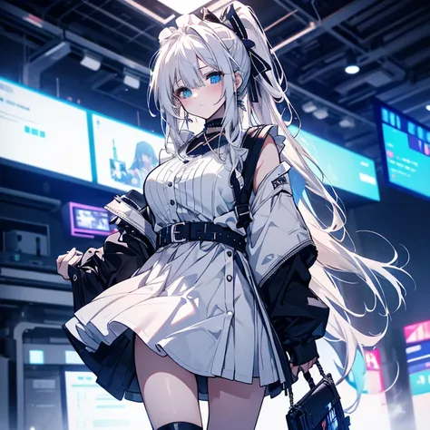 1 girl、Mature、Ample breasts、Long Hair、Blue Eyes、White Hair、Look to the side、ponytail、ハイponytail、Maid clothes、cyber punk、Near future、Miniskirt、Holding a rifle、Pointed handbag、Cinema Lighting、Like a jewel、choker、High resolution、Highest quality