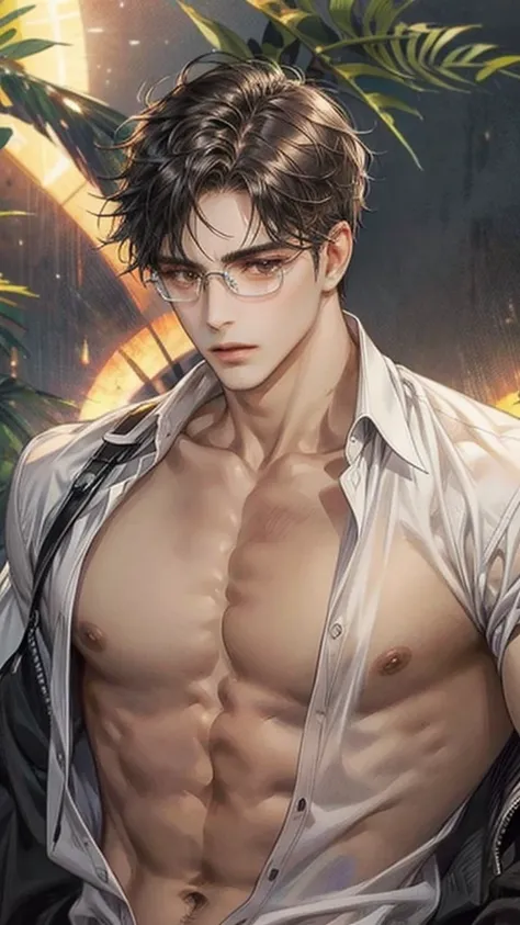 male, black hair, hair parted in the middle, a scar on the right cheek, brown eyes, no shirt, muscular, large chest wear glasses...