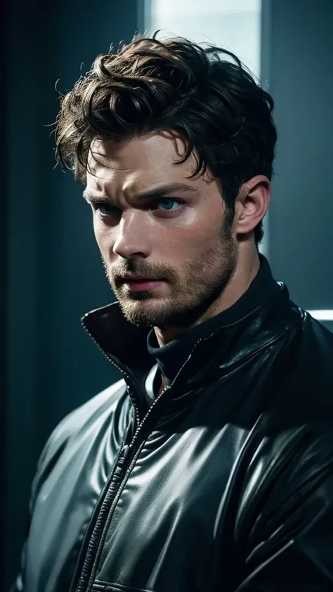 A detailed hyper realistic CGI face, Jamie Dornan infect by venom, Cinematic color, sad