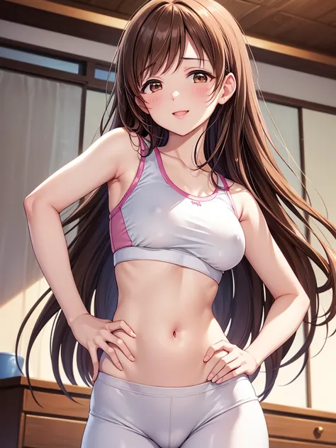 Highest quality、high resolution、High definition、HD、(Minami Nitta、Long Hair、Medium chest、Brown Hair、Brown eyes、Pink lip gloss、Put your hands on your hips、Bulging pubis)、Love me、blush、Open your mouth、smile、(White sports bra、White sports leggings)、(Focus on t...