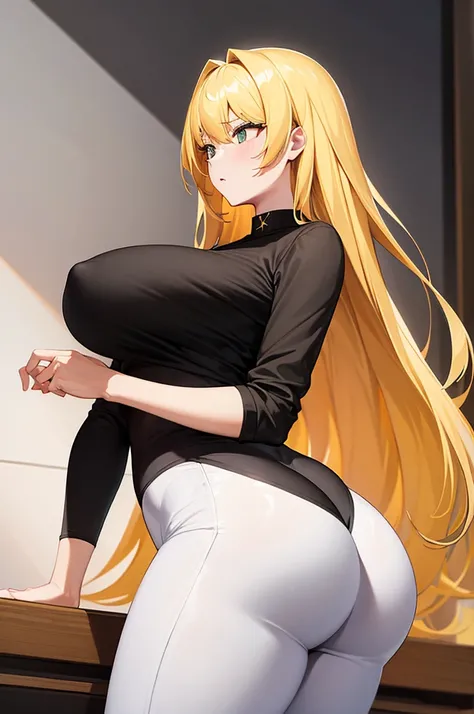 A girl with big tits, yellow hair, tight white leggings, and a black shirt