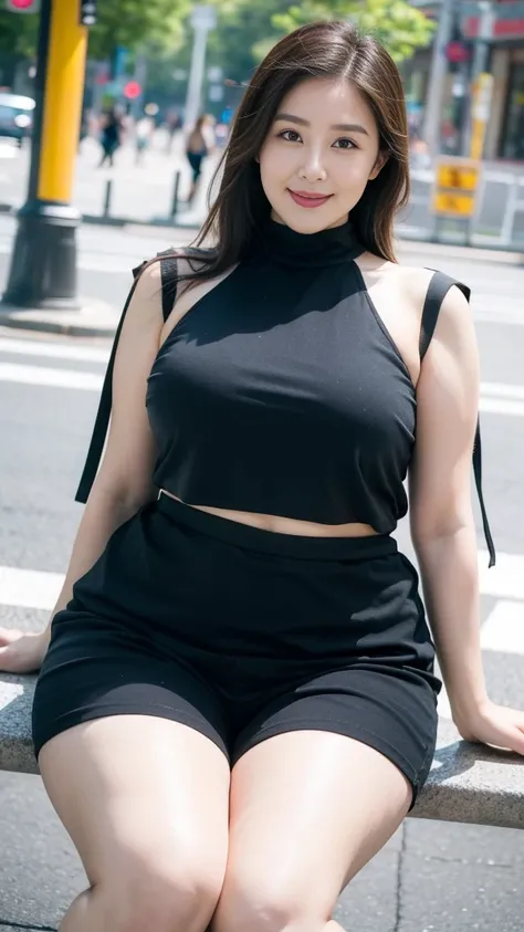 Height 1.85 meters，Smiling fat woman ，Oval face， 大Long legs， Wearing a pink turtleneck lace shirt and shorts,  Thin waist and thick hips, Hip width， Soft curves, hyperPractical full figure, Wearing a cute top, Long legs,,thickness, Beautiful plump woman, A...