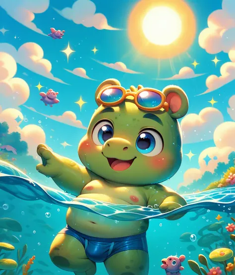 (cute, chubby, hippo cub), chibi, nude, blue eyes, (((blue swim briefs))), hippo ears, blush, smile, open mouth, male focus, day, cloud, water, wet, sparkle, sunglasses, partially submerged, sun, detailxl 