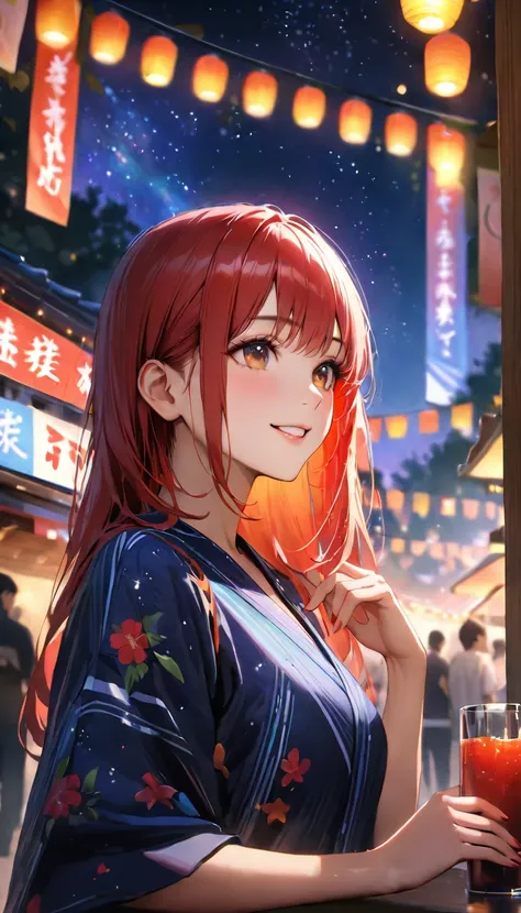 Young woman enjoying the summer festival,night, Starry Sky,Cute Yukata,Gazing at the sky,Blur the background,high school girl,smile,Highest quality, 8k, High resolution, masterpiece:1.2, Very detailed, Realistic:1.37, High resolution, 超High resolution, Ult...