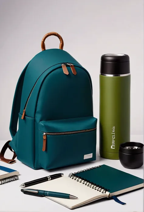 cultural and creative design，taiping life insurance company，grinder，thermos cup，notebook，pen，backpack，blue，green，minimalism现代设计，...