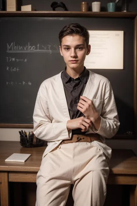 A young male twink, 20 years old, with a cute angel face, with makeup and black hair, wearing a luxurious, long-sleeved, white shirt and brown medieval pants. Behind him is a blackboard with a huge mathematics problem written on it, and he looks proudly as...