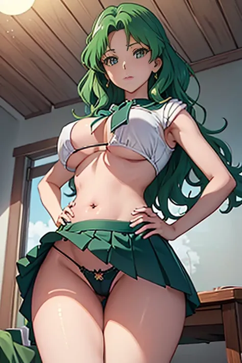 Highest quality、masterpiece、high resolution、8k、High resolution、(((Spread your legs、Big Breasts、Exposing the breasts)))、Sailor Warrior Uniforms、Beautiful beauty、Long green hair、((whole body))、(((Photo taken from below)))、School、classroom、mini skirt、Panties ...