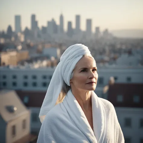 cinematic film still of bright light, bright, a woman with a white towel on her head high-key lighting style, 1girl, solo,long h...