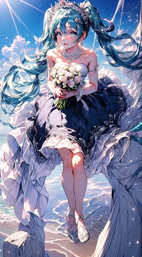 1 adult woman, Hatsune miku modeling at a beach resort setting, adorned in a form fitting satin a line wedding dress  Crowning her head is a tiara and a veil while diamond earrings and necklace sparkle in contrast with the white satin of her elbow-length o...