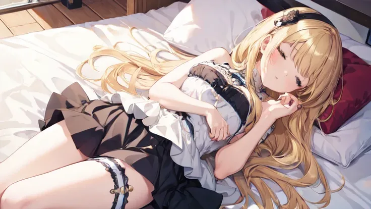 super high quality, Super detailed, one person, long blonde hair, sleep, Swimsuit, Clothes with intricate details, mini skirt, Stockings