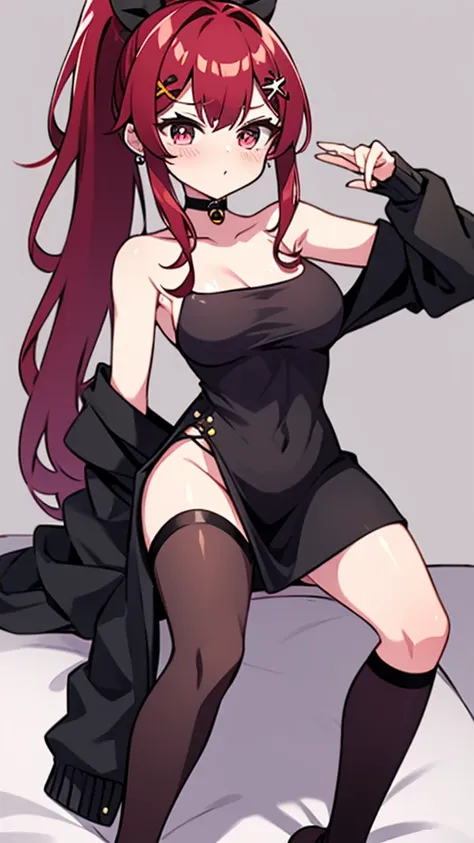 high tail hairstyle, Ponytail hairstyle, Long wavy black hair, standing posing, anime girl style, pixel art anime style,penetrating look with deep eyes,red and purple eyes, hair with a ponytail hairstyle trapped with a big red bun, women, red hair clips, x...