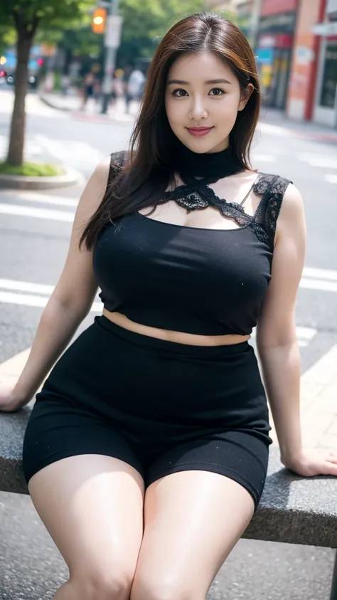 height 1.85 meters，smiling fat woman ，oval face， 大long legs， wearing a pink turtleneck lace shirt and shorts,  thin waist and th...