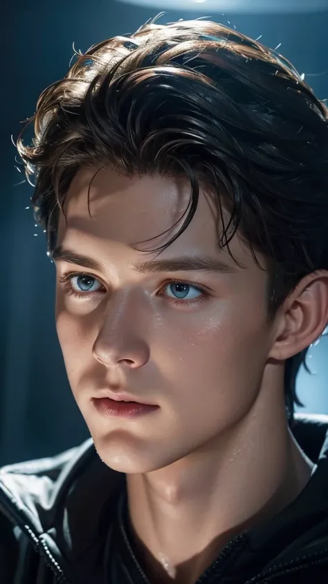 CGI  face a photorealistic portrait of tom holland, extremely detailed facial features, beautiful wet face, tousled hair, intense expression, vivid skin texture, dramatic lighting, cinematic composition, high quality, 8k, hyper realistic