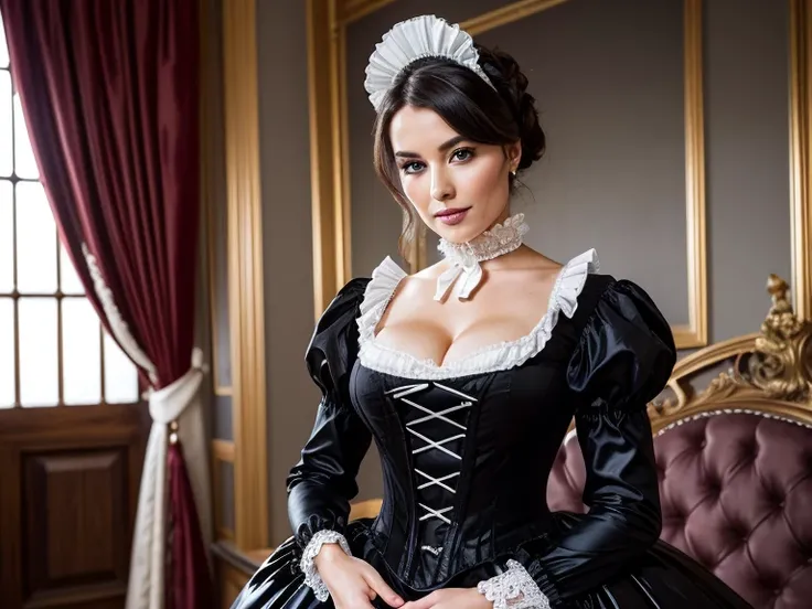 an attractive 50 yo lady with elegant makeup and fantastic figure wearing Victorian chamber maid uniform with tight bodice, hign neckline, tall collar, puff sleeves and crinoline. shiny black satin and frilly white lace