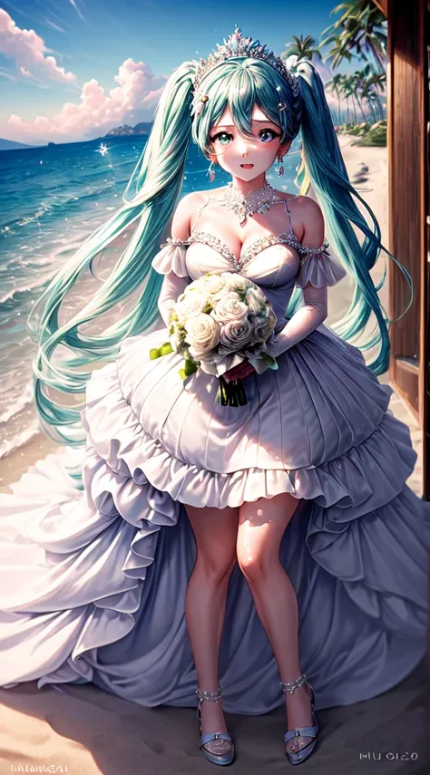 1 adult woman, Hatsune miku modeling at a beach resort setting, adorned in a form fitting satin a line wedding dress  Crowning her head is a tiara and a veil while diamond earrings and necklace sparkle in contrast with the white satin of her elbow-length o...