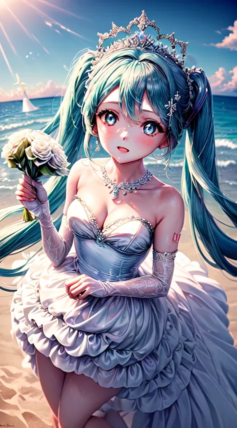 1 adult woman, Hatsune miku modeling at a beach resort setting, adorned in a form fitting satin a line wedding dress  Crowning her head is a tiara and a veil while diamond earrings and necklace sparkle in contrast with the white satin of her elbow-length o...