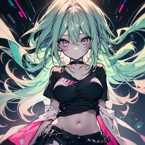 1 girl、Mature、Ample breasts、Long Hair、Mint green hair、Pink Eyes、Punk costumes、Idol、Black T-shirt、Torn T-shirt、Belly button、choker、Miniskirt、Ripped black knee-highs、live、Bust-up perspective、Cinema Lighting、High resolution、Highest quality