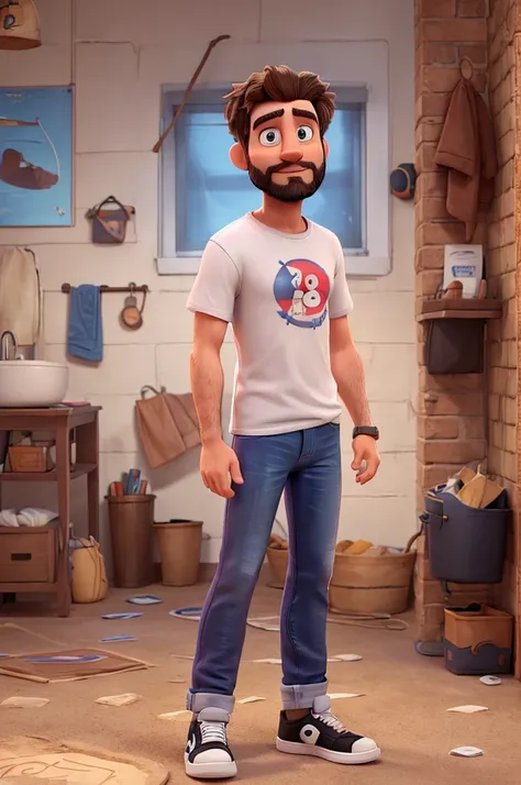 Man 38 years old, skin fair, Patchy Beard, Messy hair,
with white t-shirt without prints, jeans with a small tear, black sneakers, disney pixar 3d style, 16K