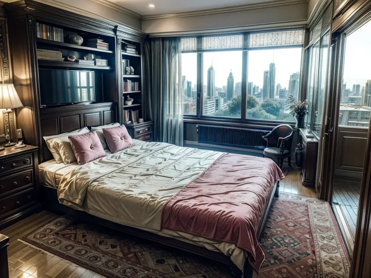 8KHD，9：16 vertical pictures，vertical picture，Glass House，Glass House，超大Floor-to-ceiling windows，There is a pink bed in the room，curtain，TV set，bookshelf。The wall is glass window， 房间里最重要的是有big bed，8K picture quality，Best quality，masterpiece，HD，Super rich de...