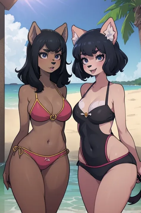 Hot friends of different ethnicities, (furry girls:1.2), fluffy tail, snout, paws, at the beach, very diverse appearances, cute swimwear, sunny day, having fun, sexy 