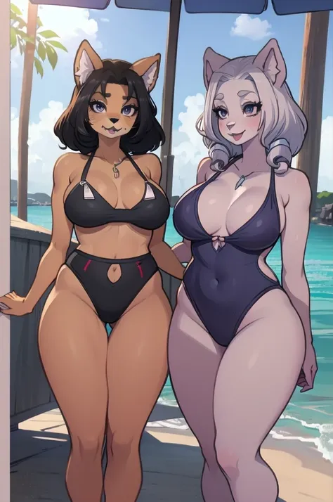 hot friends of different ethnicities, (furry girls:1.2), fluffy tail, snout, paws, at the beach, very diverse appearances, cute ...