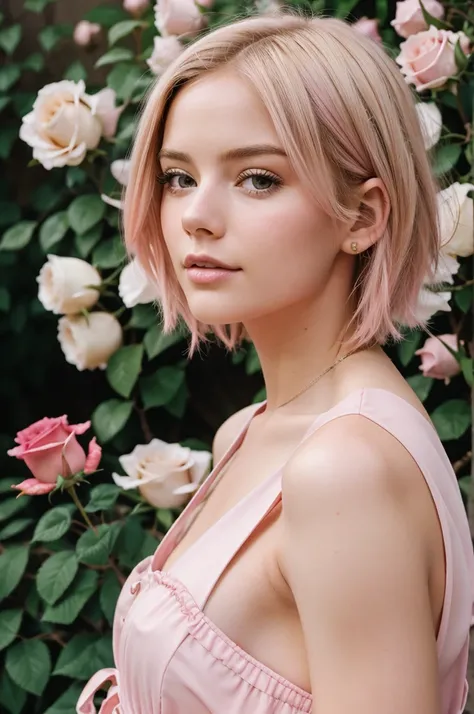 8k, RAW photo, Fujifilm, style photo of a beautiful young woman as avril in a garden of light pink roses (highly detailed skin: 1.2) Style-Petal BREAK short hair, blonde hair with colored locks, wearing a dress, film granulation, 35mm, cute style