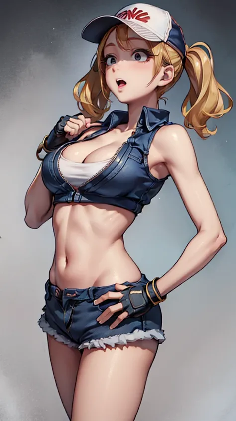 ((MangabiRumiko)), (masterpiece), best quality, expressive eyes, perfect face, highres, (8k), (perfect face), (ultra details), 1 girl, solo, large breasts, terry bogard girl, blonde hair, twintails, gray eyes, long hair, baseball cap, fingerless gloves, de...