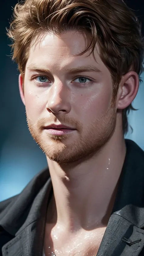 CGI  face a photorealistic portrait of Prince Harry, extremely detailed facial features, beautiful wet face, tousled hair, intense expression, vivid skin texture, dramatic lighting, cinematic composition, high quality, 8k, hyper realistic, bright skin beau...