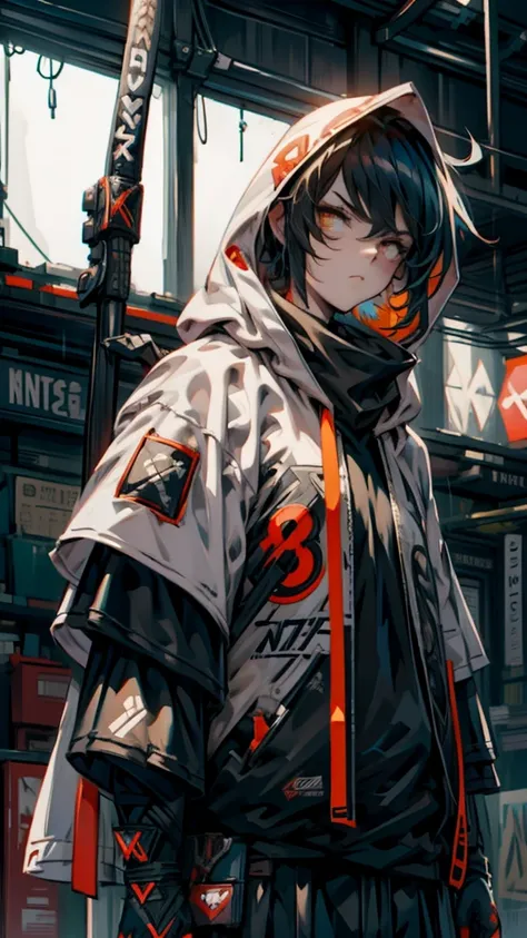 Holding a bat, Alley, Condescending Gaze, builtupnecklinehoodie, look down, Glare, swing a baseball bat, cinematic lighting, UHD, best quality, highres, 8k