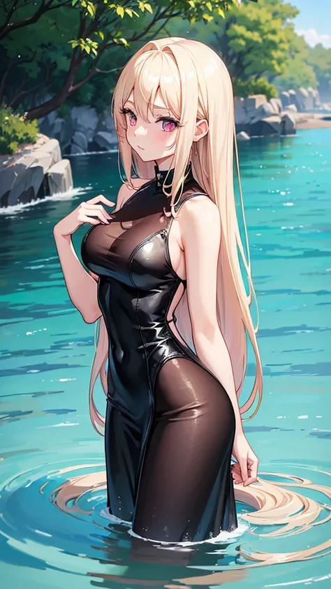 (((Adult woman))), pink eyes, long blonde hair, black sexy dress, water