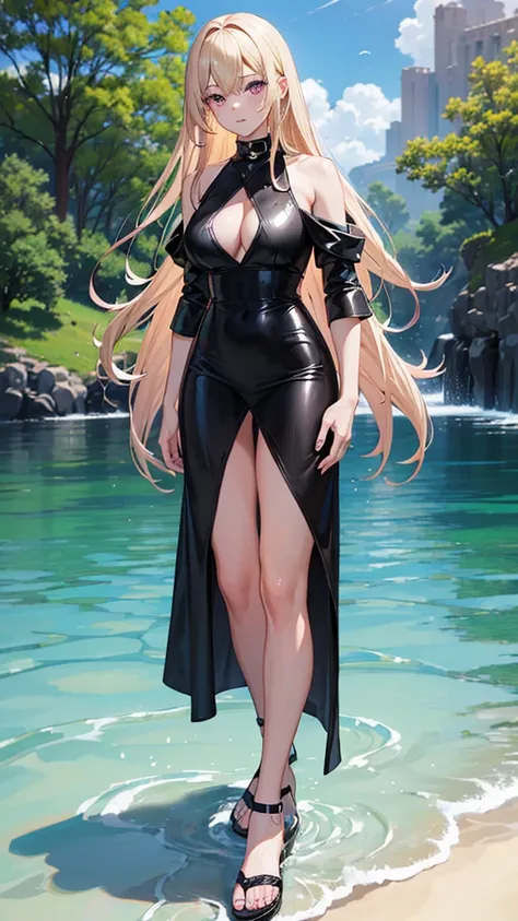 (((Adult woman))), pink eyes, long blonde hair, black sexy dress, water