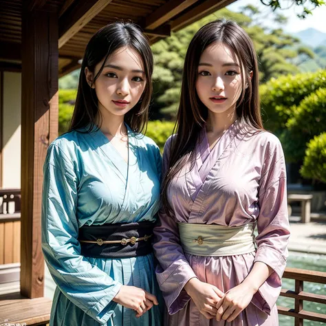 detailed portrait of two beautiful japanese women enjoying a famous japanese tourist destination, long flowing hair, elegant traditional japanese clothing, vibrant colors, detailed facial features, warm lighting, ultra detailed, 8k, photorealistic, masterp...