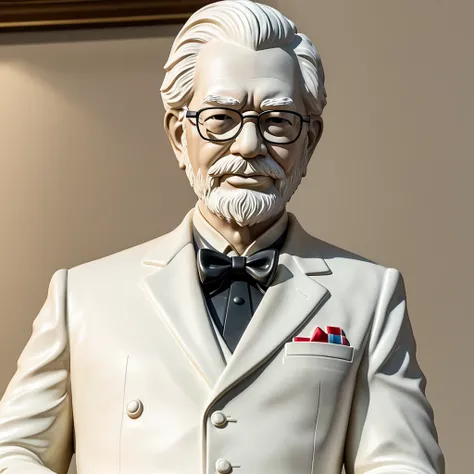 Create a detailed 3D statue of Colonel Harland David Sanders, the founder of KFC, depicted at approximately 35 years old. The statue should show him in his iconic white suit with a black bowtie, black shoes, and wearing black glasses. Despite his younger a...