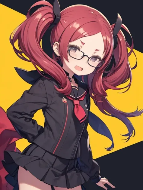 One Woman、Persona、Rise Kujikawa、rise kujikawa、Long Hair、Redhead、Twin tails、Wavy Hair、Glasses、Black Sailor Suit、Black sailor collar、Yellow scarf、Long sleeve、 Black Stretched Skirt、Medium chest、Open your mouth、laughing、Watching the audience、Upper Body、