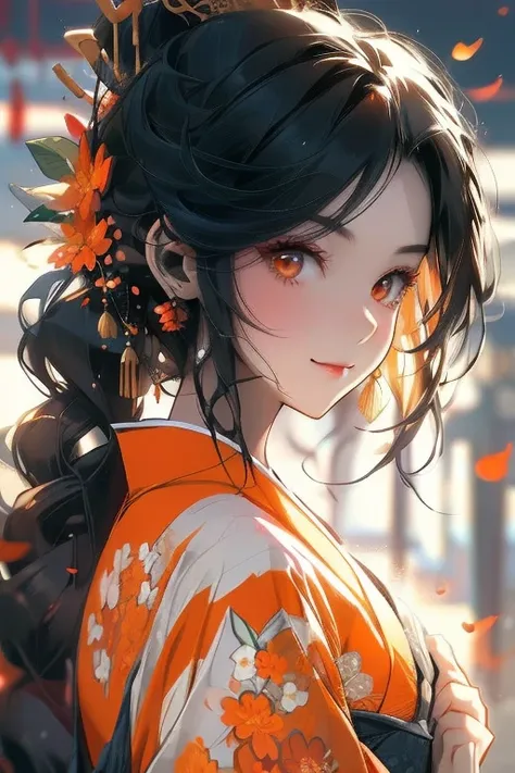 Perfect face. Perfect hands. A black haired woman with orange eyes in a pretty kimono is smiling in a flurry of orange flower petals.