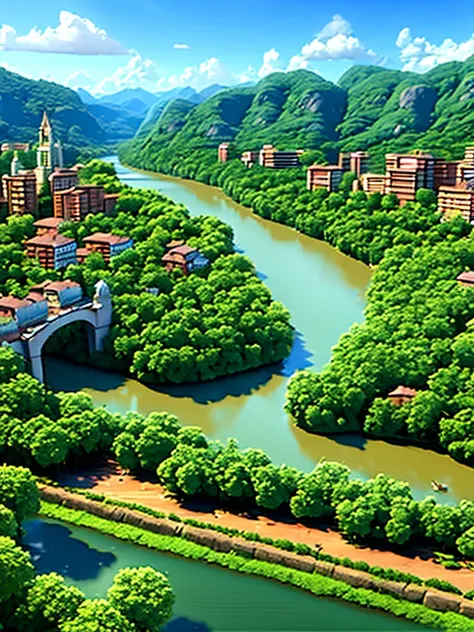 Urban city with forest on the side. River divides the city from the forest. many animals in the forest, ounce, elephants, birds. city with people.